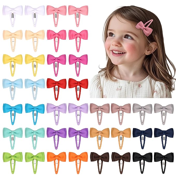 Hair Clips, 40-Pack Premium Quality Lightweight Hair Bows Snap Clips in 20 Colors, Baby Barrettes, Hair Pins, Hair Bows for Pigtails, Hair Accessories for Kids Children