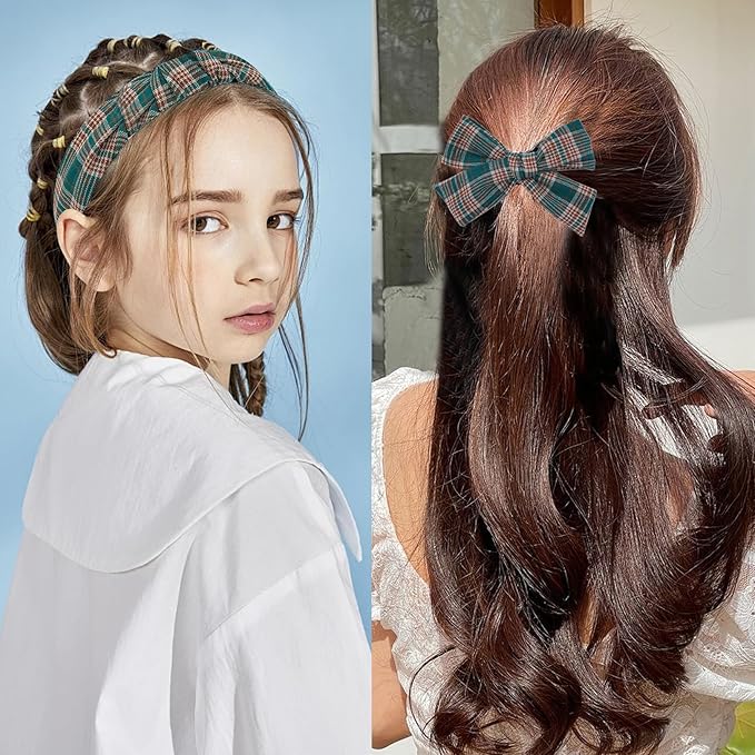 5 Pcs Plaid Headband Set with Knot Scrunchies, Padded Bows, Christmas Hair Clips for Women & Girls (Green)