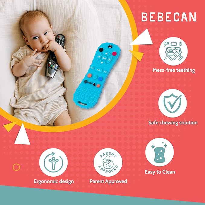 BEBECAN Teether Remote Control for Baby – Remote Toy for Infants and Toddlers 3 6 9 12 18 24 Months, Safe BPA-Free Soft Silicone Baby Chew Remote (Blue)
