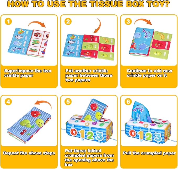 Baby Tissue Box Toy, Soft Montessori Tissue Box Baby Toys 6 to 12 Months, High Contrast Crinkle Paper Sensory Silk Scarves Toys for 1 Year Old Boys Girls Kids Early Learning Gifts