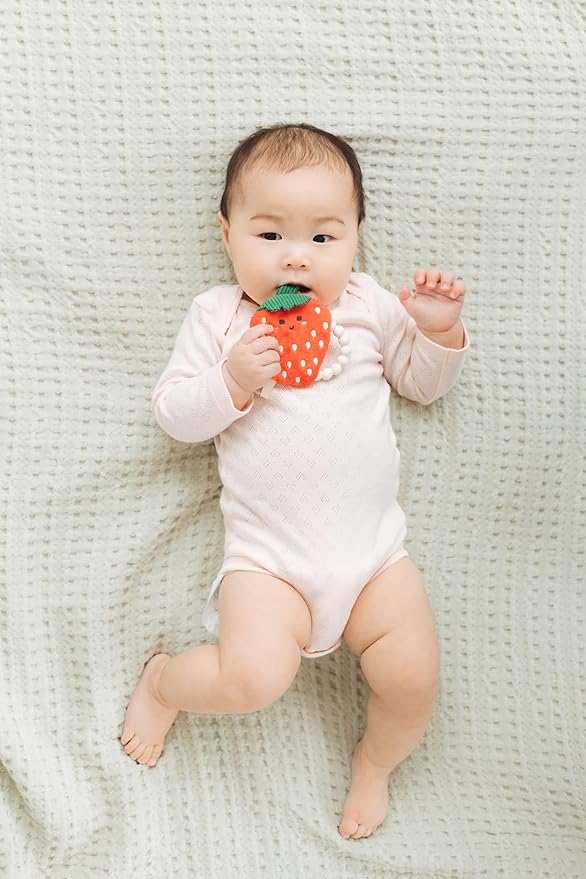 Pearhead Strawberry Baby Teether – Soft Plush Sensory Toy with BPA-Free Silicone Beaded Ring & Crinkle Sound, Soothes Teething Pain, Newborn Essentials for Boys and Girls, 0+ Months