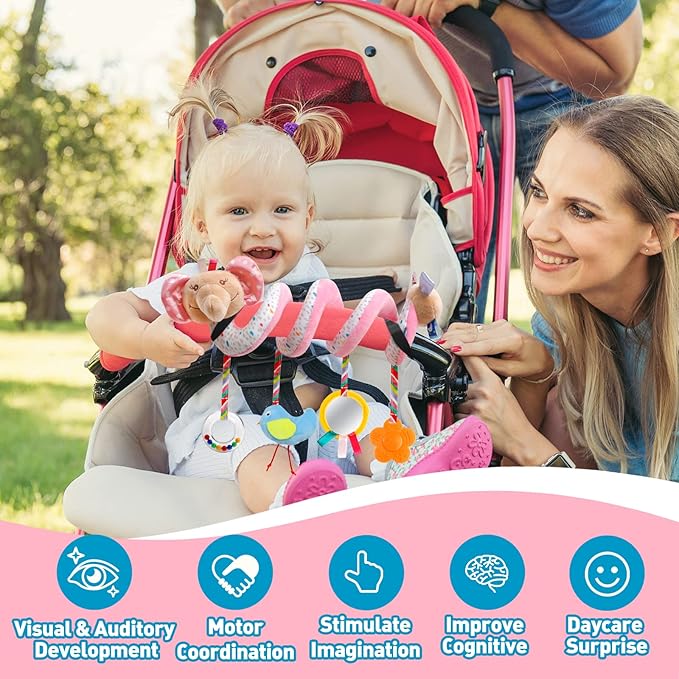 GKDOMS Baby Car Seat Toys Activity Stroller Toy for Boys Girls 0 3 6 9 10 12 Months, Spiral Hanging Plush Toys, Baby Shower Thank You Gifts