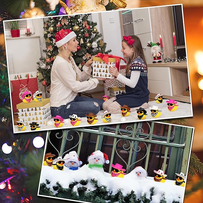 24 Sets Disco Cowboy Rubber Ducks with Scarf Hat and Sunglasses Mini Bath Duck Toys for Birthday Swimming Party Gift Favor Decorations