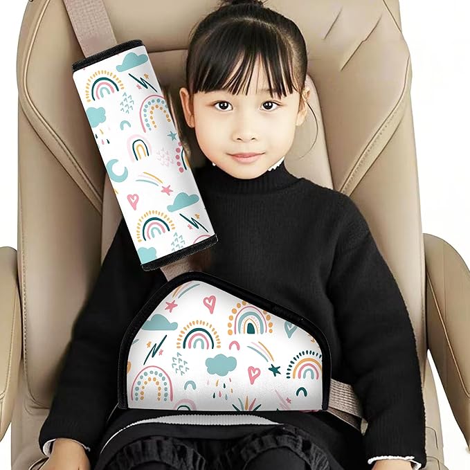 Kid's Seat Belt Cover Pad, Neck & Abdomen Cushion for Children- Soft and Breathable Straps Cover Support (Rainbow)