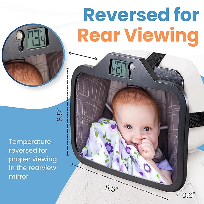 Theromirror - Baby Car Mirror with Temperature Display, Rear Facing Car Seat Mirror, Newborn Essentials, Wide Angle (Black)