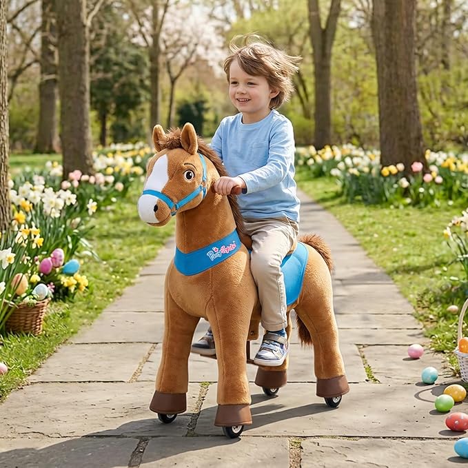 PonyCycle Ride on Toy Riding Horse Ride-on Horse for Toddler Riding Pony Toy (with Brake/ 30" Height/Size 3) Plush Animal Mechanical Pony Rider with Wheels Spirit Toys Birthday Surprise Brown E337