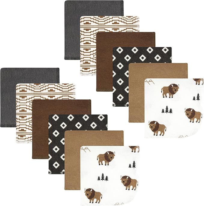 Hudson Baby Unisex Baby Flannel Cotton Washcloths, Wild Buffalo 12 Pack, One Size