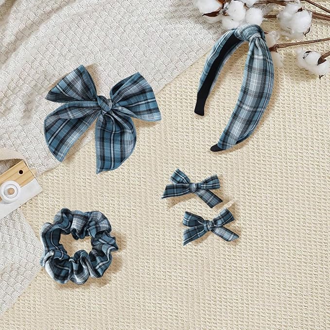 5 Pcs Striped Headband Set with Hair Knotted Scrunchies Bow, Padded Headbands for Women, Christmas Hair Bows & Clips Accessories for Girls (Blue-A)