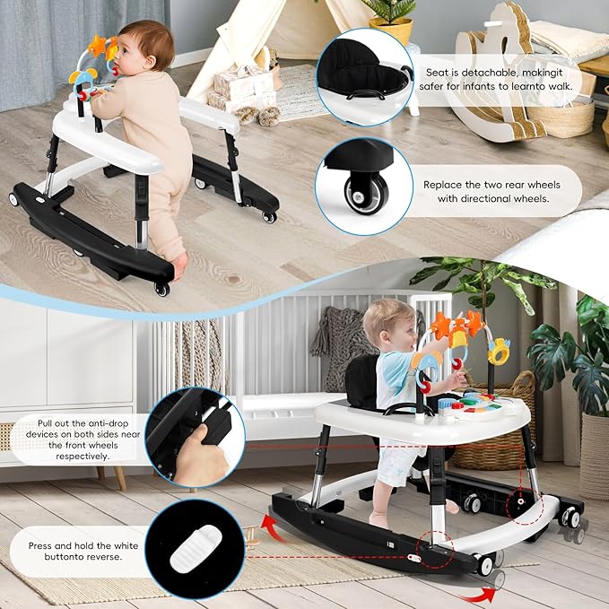 5 in 1 Baby Walker Foldable Music and Lights with 5 Adjustable Heights, Baby Walker with Wheels Portable, Infant Toddler Walker for Baby Boy Girls 6-18 Months (Black)