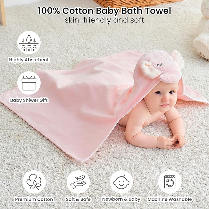 Softan 2 Pack Baby Hooded Towels, Premium Soft Cotton Baby Bath Towels with Hood, Extra Thick and Super Absorbent, Essential for Newborns, Infants and Toddlers (Pink Elephant & White Unicorn)