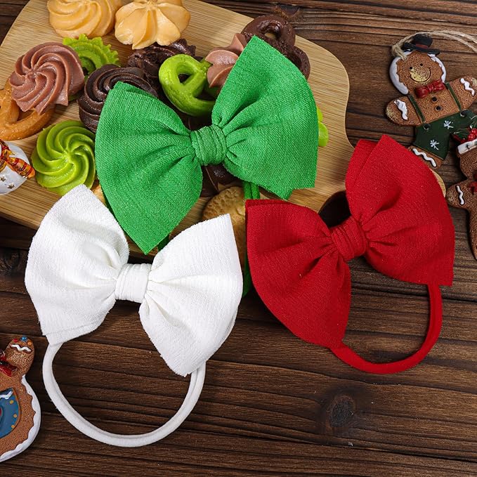 3PCS 4.5'' Christmas Baby Girl Bows for Newborn Green Headband Red Hair Bow Christmas Nylon Hairband Hair Accessories for Infants Toddler Headbands