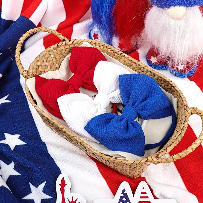 YanJie 3rd of July Hairband Nylon Baby Girl Bows with Red, White, Blue Accents - One Size Fits All Infant Toddler Headbands for Festivals, Everyday Wear, and Special Occasions - Set of 3