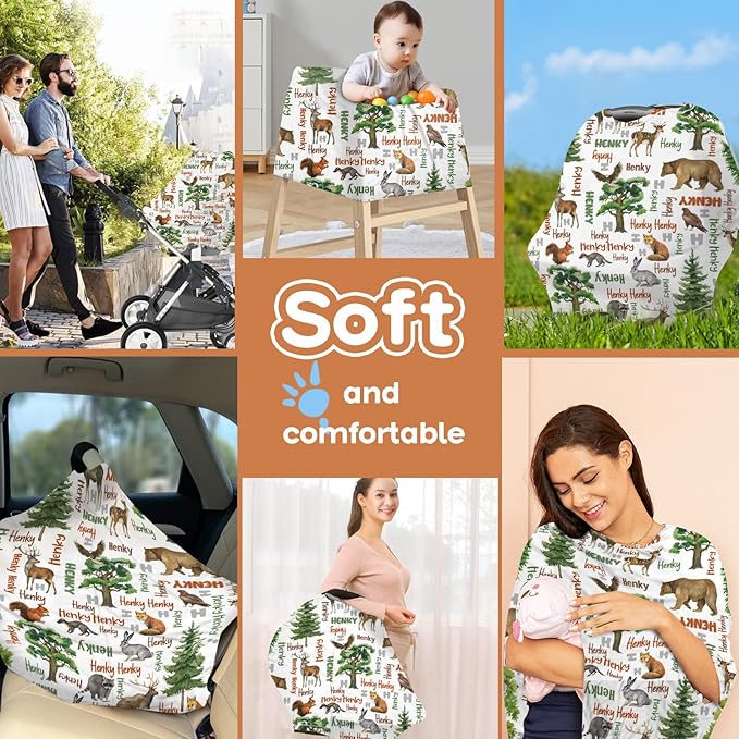 Personalized Baby Car Seat Cover Stroller Canopy: Custom Name Newborn Baby Boy Girl Elastic Animals Nursing Cover for Moms First Birthday Gift Forest Bear Fox(one Size)