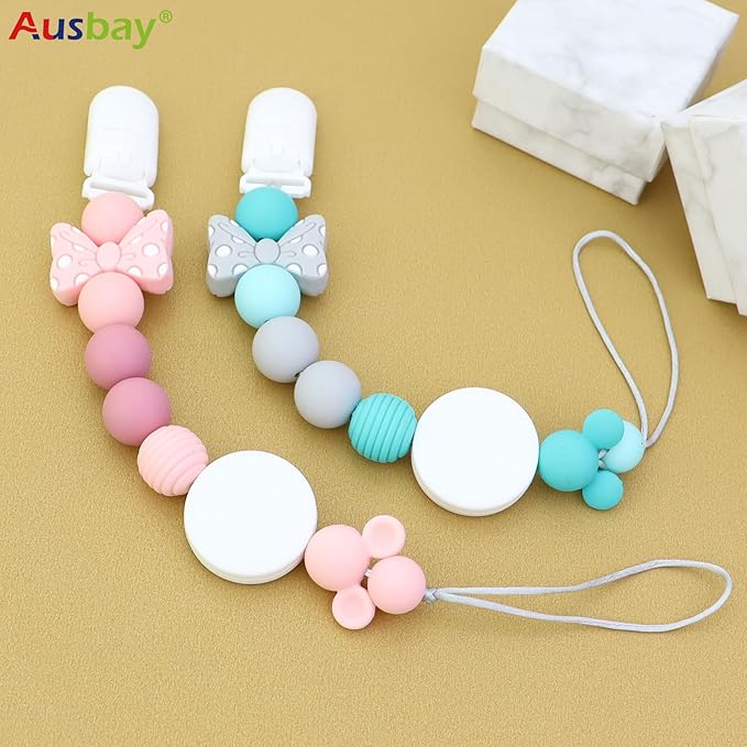 Customized Silicone Pacifier Clip, Pacifier Holder Sets for Boys and Girls, Personalized Adorable Mouse Pacifier Clips Fits for Most Pacifier, Baby Teethers, Baby Shower and Baby Gift (Pink)