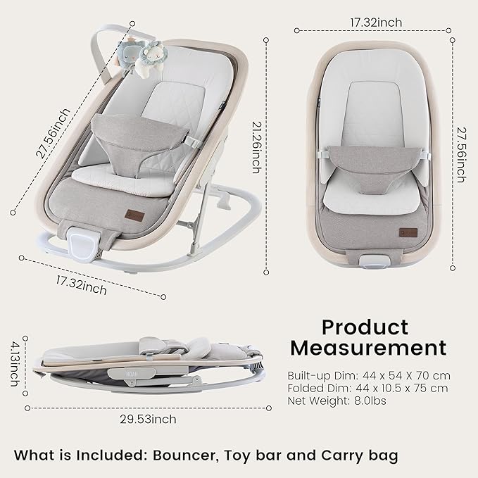 Qutanix 2-in-1 Baby Bouncer & Rocker,Portable Baby Bouncer Seat for Babies 0-9 Months, Baby Rocking Chair with 3 Reclining Positions,Wood Accents,Soft Newborn Insert - Beige