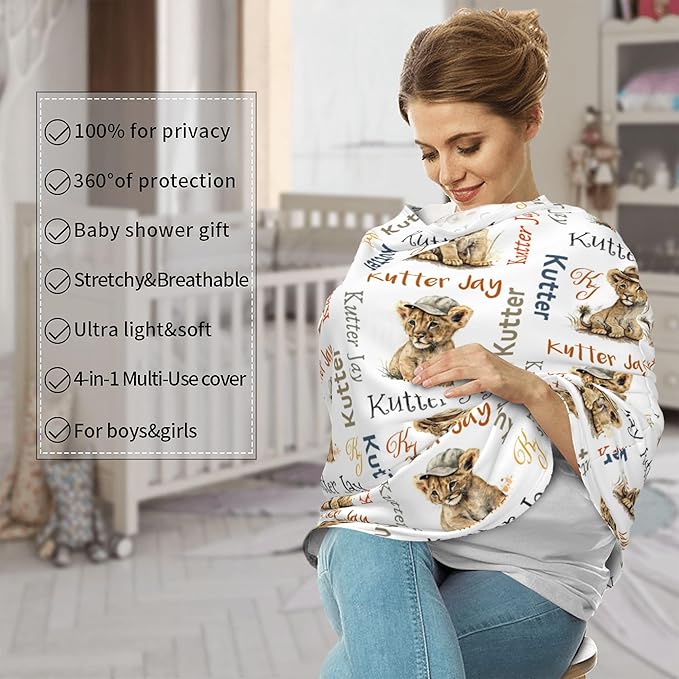 Personalized Lion Baby Car Seat Cover with Name,Multi-Use Canopy for Nursing, Strollers,Shopping Carts,Customized Breastfeeding Cover, Full Privacy,Infant Stroller Cover