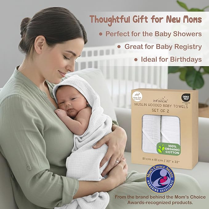 100% Organic Cotton Muslin Baby Hooded Towels - 32x32 Inch, 2 Pack Newborn Bath Towels for Boys & Girls, Soft & Absorbent Bath Set (White)