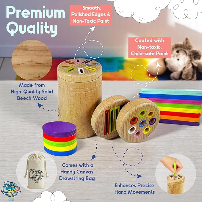 OAR Montessori Toys for Toddlers 1-3 – 3 in 1 Wooden Fine Motor Skills Toy Set | Color Sorting, Coin Drop, Sensory Learning | Educational Beech Wood Toys for Boys and Girls