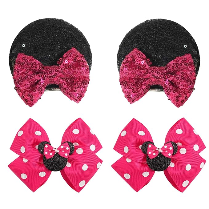 2 Pairs Rose Red Mouse Ears Hair Clips & Mouse Hair Bows Barrettes for baby Girls Accessories Birthday Party Decorations Gift