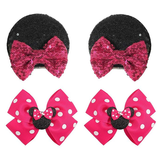 2 Pairs Rose Red Mouse Ears Hair Clips & Mouse Hair Bows Barrettes for baby Girls Accessories Birthday Party Decorations Gift