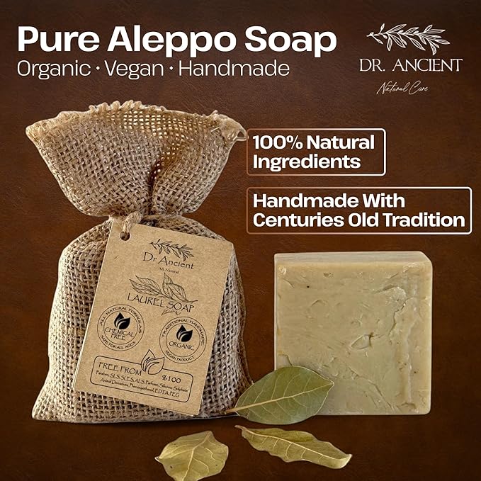 Dr.Ancient Aleppo Laurel Soap Bar, Organic Soap Bars Handcrafted the Traditional Way, Natural Chemical-Free, Vegan, Used for Face Wash, Body Wash, Hand Cleansing and Daily Skin Care, Gentle Cleanser