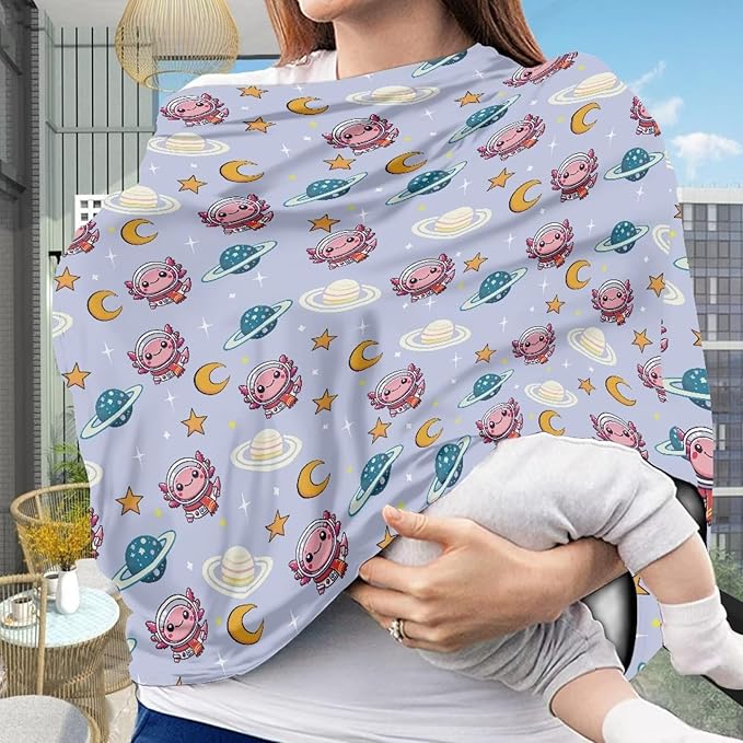 Wanyint Baby Car Seat Covers Nursing Cover Carseat Canopy Baby Breastfeeding Cover,Multi Use Nursing Scarf Infant Stroller Cover, Axolotl Astronaut Planet Moon Star