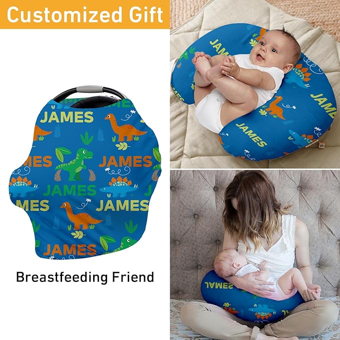 Custom Name Car Seat Canopy - Baby Car Seat Covers, Blue Dinosaur Pattern Infant Stroller Cover, Carseat Canopy Christmas Birthday Gifts for Girls and Boys(27"x29")