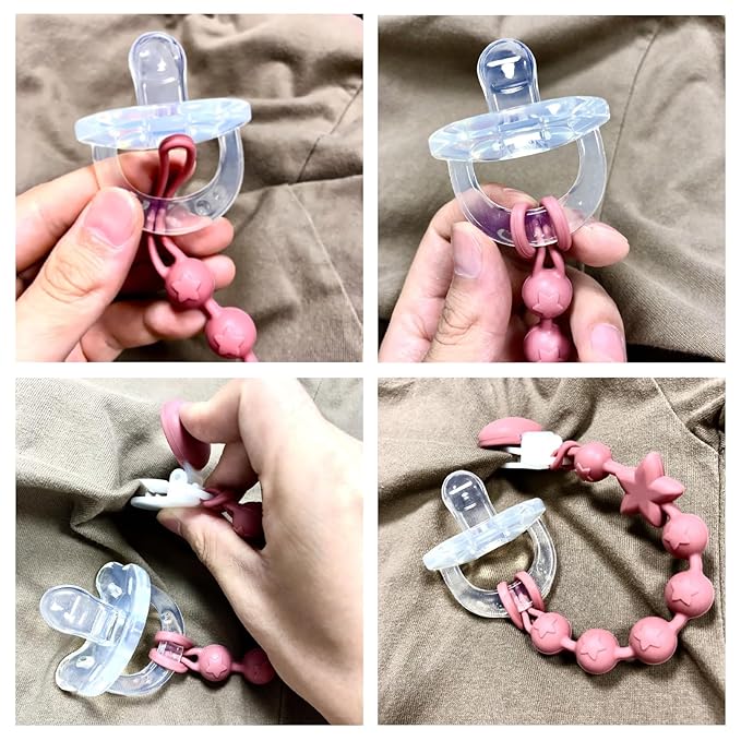 Silicone Baby Pacifier Clips for Boys and Girls, Pack of 2 Flexible Rust-Free Pacifier Holder Clip with One-Piece Design, Paci Binky Clips (Terracotta+Azure)