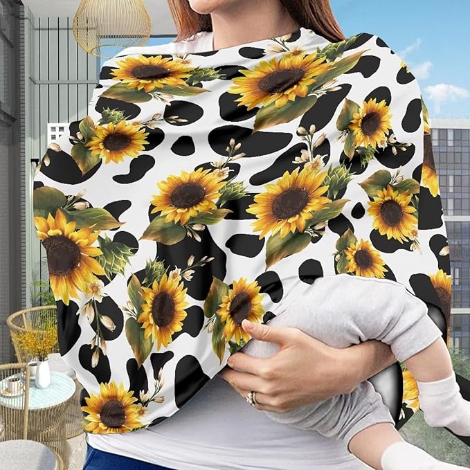 LedBack Sunflowers Cow Print Car Seat Cover for Babies, Soft Breastfeeding Cover Outdoor Breathable Baby Carseat Canopy, Easy to Use