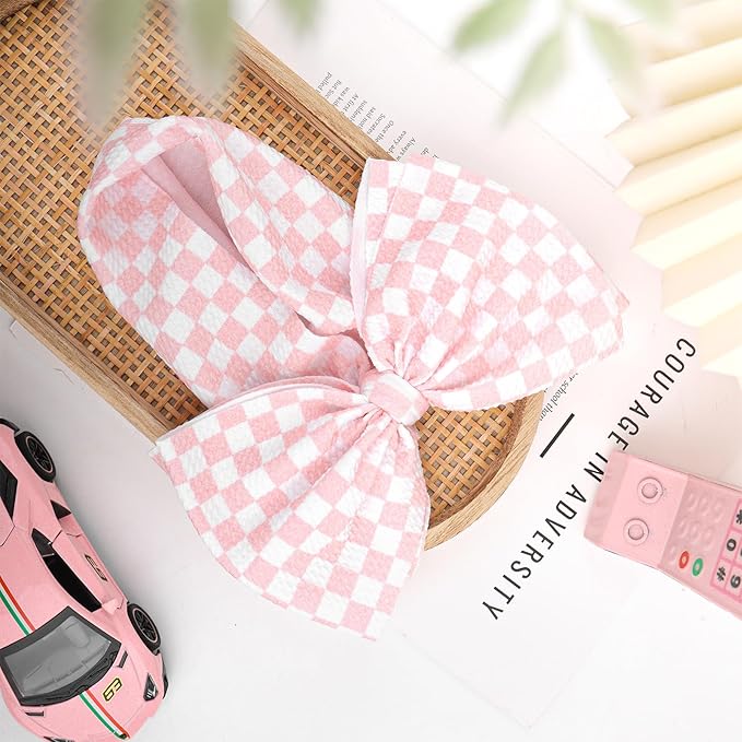 YanJie 7’’ Pink Checkered Bow for Baby Girl Racing Bows Plaid Headbands for Newborns Infants Toddlers Two Fast Birthday Girls Hair Accessories