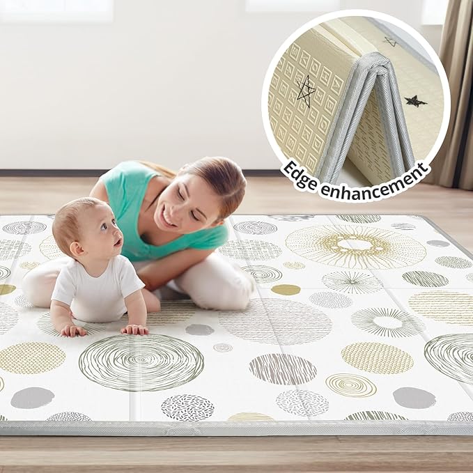 Foldable Baby Play Mat, PIGLOG 50x50 Playpen Mat, Safe Foam Playmat for Tummy Time, Waterproof Playmats for Babies and Toddlers Kids, Reversible Portable Floor Mat for Infant, Circles + Stripes