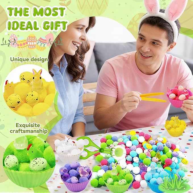 Bbiamsleep 318 Pcs Easter Sensory Bin Filler Fine Motor Skills Spring Sensory Bin Items Counting Sorting Pom Poms Decorations Include Mini Rabbit Figurines for Easter Sorting Counting