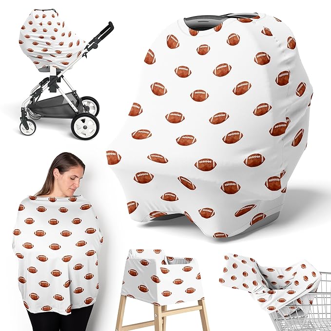 Sweet Jojo Designs Brown White Football Boy Infant Baby Car Seat Cover Nursing Breastfeeding High Chair Shopping Cart Stroller Carseat Canopy Carrier Multipurpose Use for Sports Themed Collection