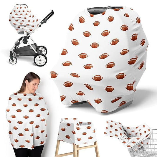 Sweet Jojo Designs Brown White Football Boy Infant Baby Car Seat Cover Nursing Breastfeeding High Chair Shopping Cart Stroller Carseat Canopy Carrier Multipurpose Use for Sports Themed Collection
