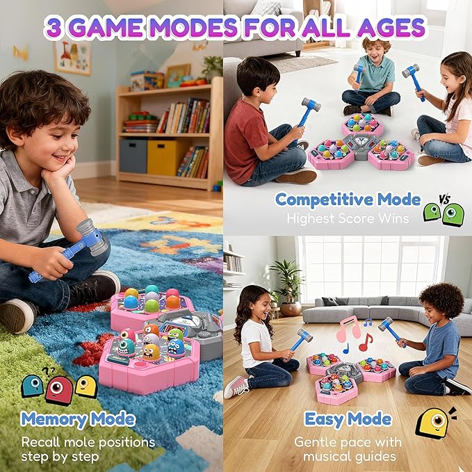 TooLion 3-Player Whack Game Mole for Kids 3-12 Boys Girls - 3 Independent Game Boards,3 Modes with Sound & Light,Safe Educational Pounding Toy,Christmas Birthday Gift for Multi-Kid Families,Pink