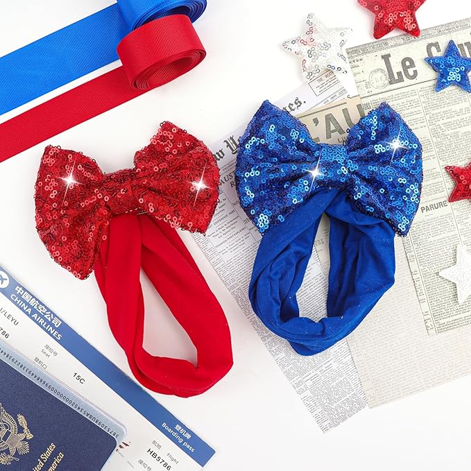 Baby Girl Hair Bows 4th of July Red Blue Headband Sequins Large Bows Patriotic Police Glitter Headband Bows Infant Hair Accessories Kids