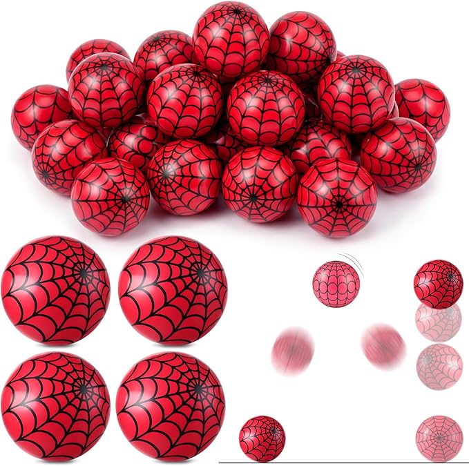 Sotiff 24 Pcs 1.26 Inch 32mm Mini Spider Web Bouncy Balls Bulk Red Black Spider Web Rubber Bounce Balls Bulk for Party Favors, Goodie Bag Fillers, Easter Gift Bag Stuffers