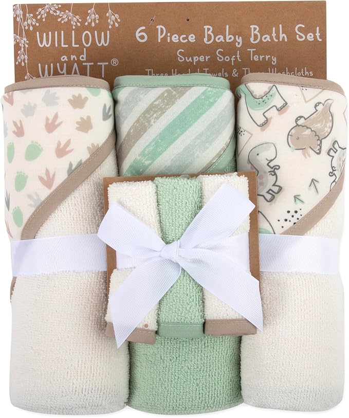 Hooded Baby Bath Towel and Washcloth 6 Piece Set for Newborns, Infants & Toddlers, Boys & Girls Baby Hooded Towels Set (Dinosaurs & Stripes)