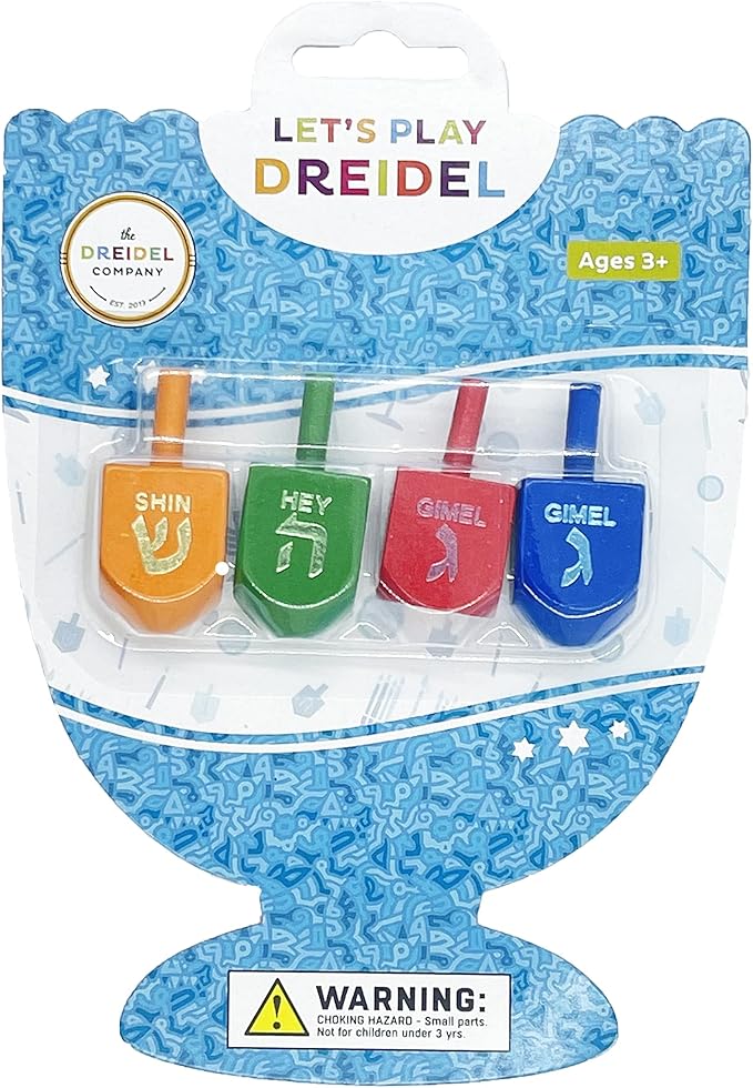 The Dreidel Company Wood Multi-Colored Dreidels Medium Sized Hanukkah Draydels with English Transliteration - (Pack of 4)