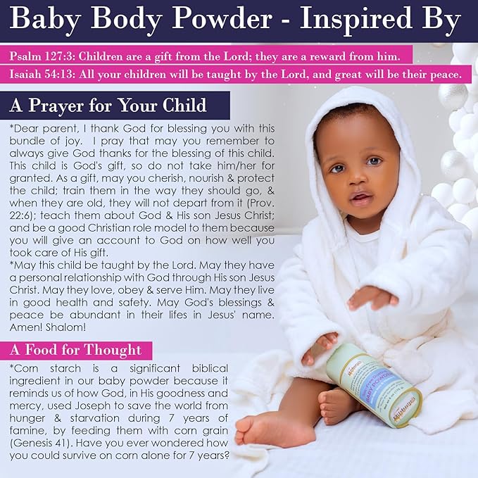 BiblenBeautyoils Talc-Free Dusting Baby Powder Newborn Essentials with Aloe Vera and Vitamin E for Baby’s Delicate Skin, Natural Ingredients, Bible Scriptures, & Prayers, Naturally Scented.