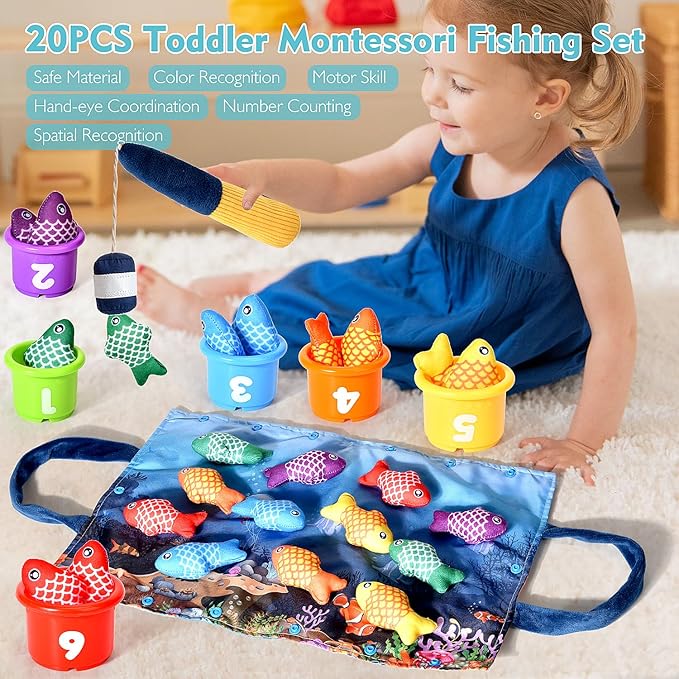 Montessori Toys for 1 Year Old Boy Girl Gifts, Cloth Fishing Game Toddler Toy 1-3, Sorting Learning Baby Toys 6-12-18 Months, Toddler Toys for Baby Easter Gifts