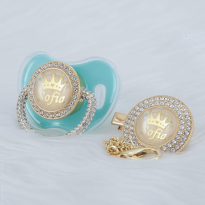 Personalized Name Anniversary All Bling Pacifier and Clip Set Gold Plated New Born Gift Photography No for Daily Use (Mint)