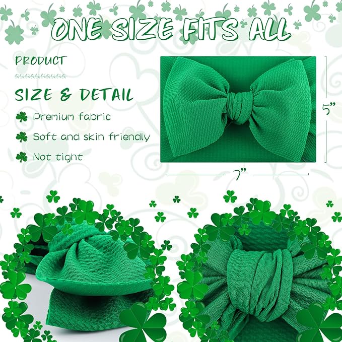St. Patrick's Day 7 Baby Girl Nylon Hair Accessories: Clover Printed Elastics Bows Headbands for Newborn, Infant, Toddler (Green, 2Pcs)
