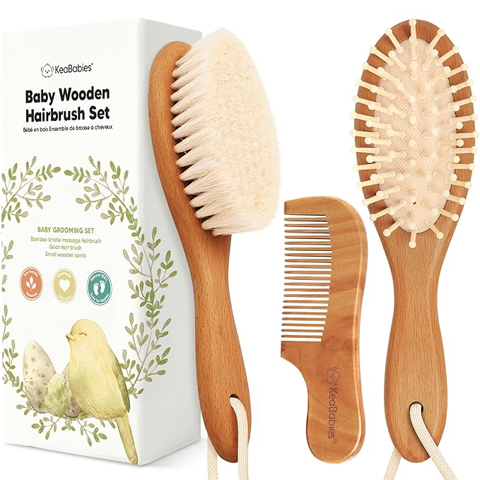 Baby Hair Brush Set for Newborns - Soft Goat Bristle Wooden Baby Brush and Comb Set Newborn Grooming Kit for Cradle Cap, Durable & Gentle, Boy, Girl Infant Essentials Care Kit (Regular, Golden Oak)