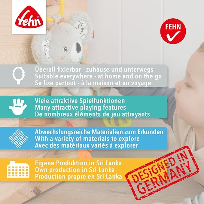 Fehn Activity Mirror Crab – Motor Skill Toy for Hanging for Pram, Cot and Baby Seat – to Produce Bite, Grab and Sound, Toy for Babies and Children from 0+