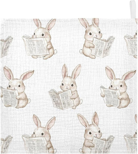 vvfelixl Bunny Reading Newspapers Baby Burp Cloths Baby Muslin Washcloths for Boys Girls Cotton Babys Face Towel for Newborn Infants Soft and Absorbent 11.8 X 11.8 in, 5 Pack