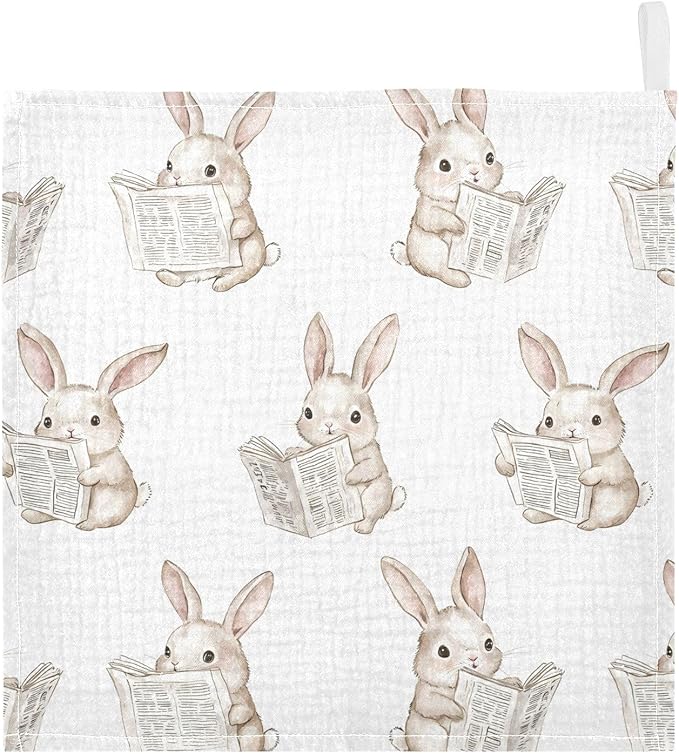 vvfelixl Baby Muslin Washcloths Bunny Reading Newspapers Baby Burp Cloths Cotton Babys Face Towel for Newborn Infants Boys Girls Soft and Absorbent 11.8 X 11.8 in, 3 Pack