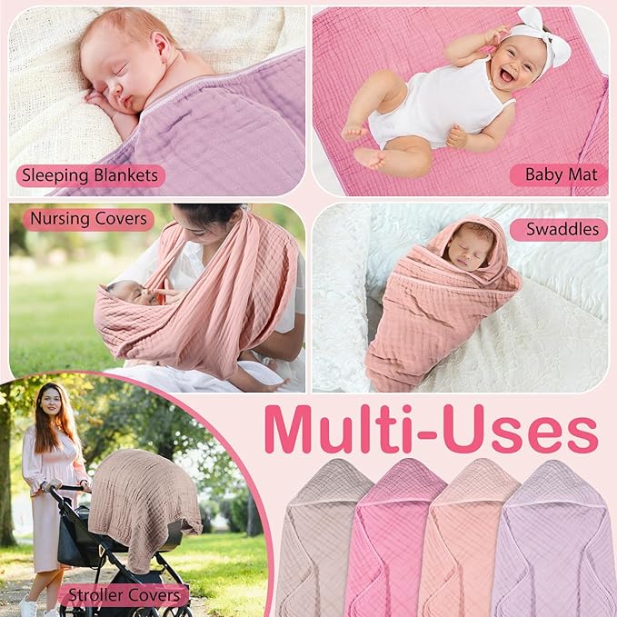 Peryiter 4 Pcs Muslin Hooded Baby Towels 32 x 32 Inch Cotton Newborn Bath Essentials Muslin Infant Blankets Absorbent Registry Gifts for Girl Boy Kids Baby Shower (Pink Series)