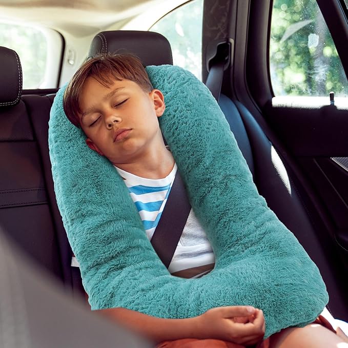 Hoteam 2 Pcs Travel Pillow Car Sleeping Kid Neck U Shaped for The Back Seat Adults Children Head and Body Support Long Distance Journey Accessories (Turquoise)