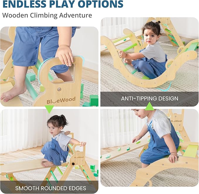 BlueWood Pikler Triangle Set, Toddler Wooden Climbing Toys Indoor 7in1 Foldable Climber for Kids, Montessori Philosophy Play Jungle Gym with Arch, Ramp, Ladder (Green Summer)